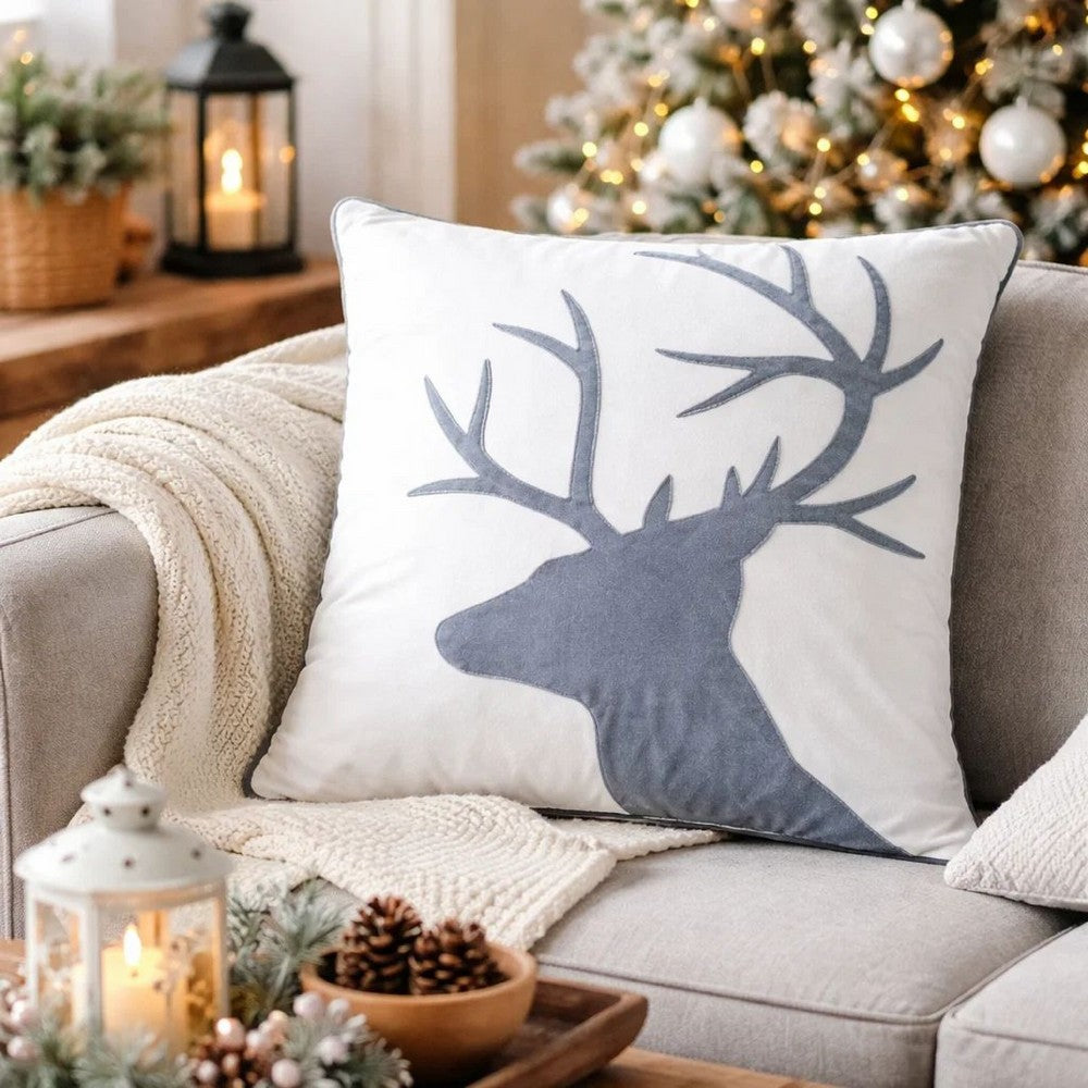 Holiday Accent Pillow Cover | White & Gray Reindeer Velvet | 20" Square