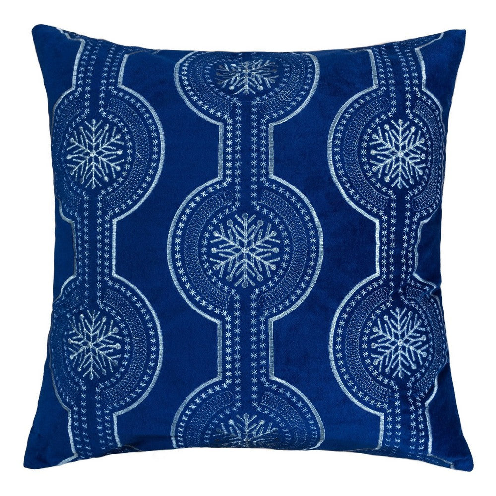 Zey Throw Pillow Cover | Snowflake Embroidered Blue Velvet | 20" Square