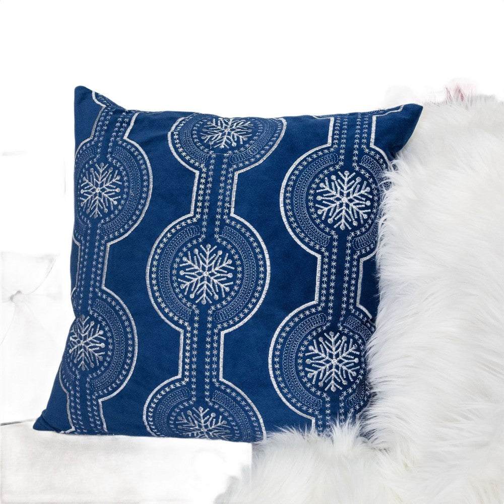 Zey Throw Pillow Cover | Snowflake Embroidered Blue Velvet | 20" Square
