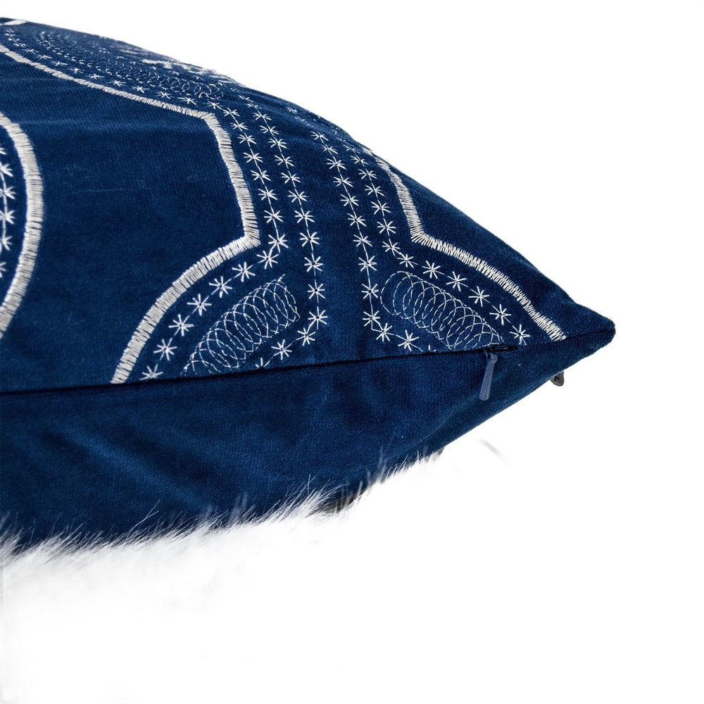 Zey Throw Pillow Cover | Snowflake Embroidered Blue Velvet | 20" Square