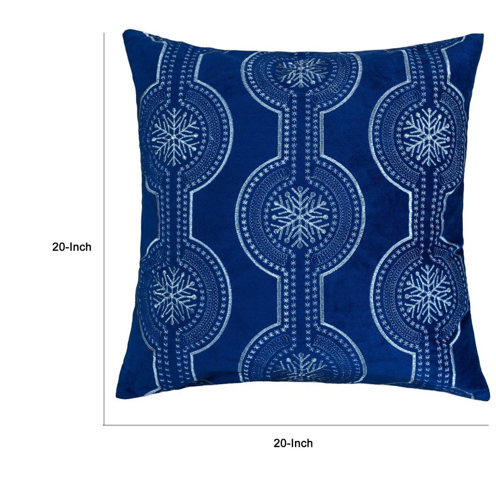 Zey Throw Pillow Cover | Snowflake Embroidered Blue Velvet | 20" Square