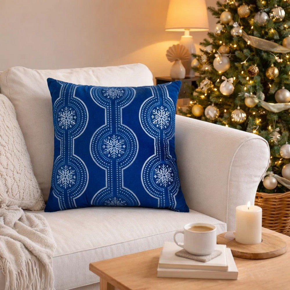 Zey Throw Pillow Cover | Snowflake Embroidered Blue Velvet | 20" Square