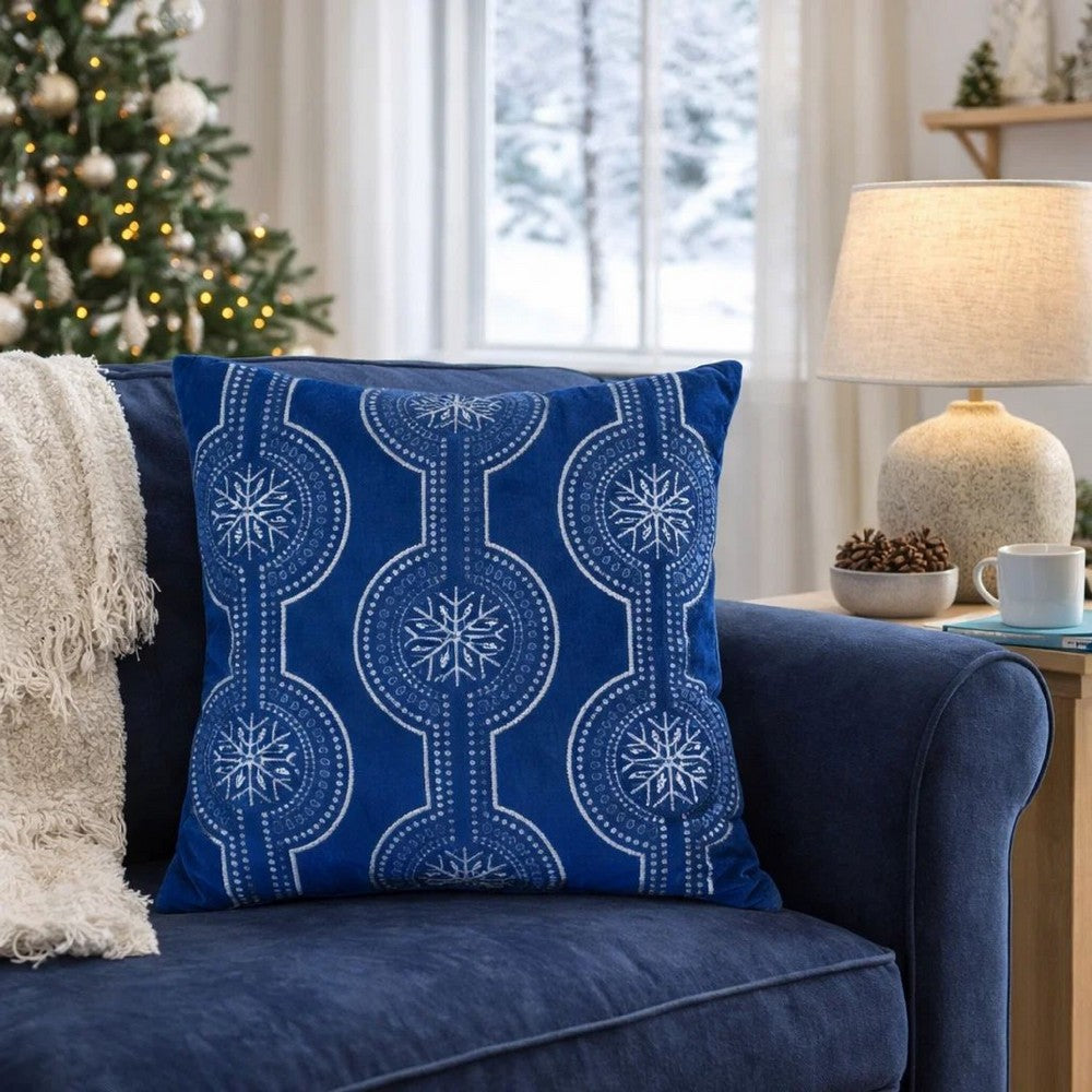 Zey Throw Pillow Cover | Snowflake Embroidered Blue Velvet | 20" Square