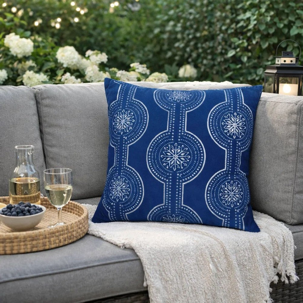 Zey Throw Pillow Cover | Snowflake Embroidered Blue Velvet | 20" Square