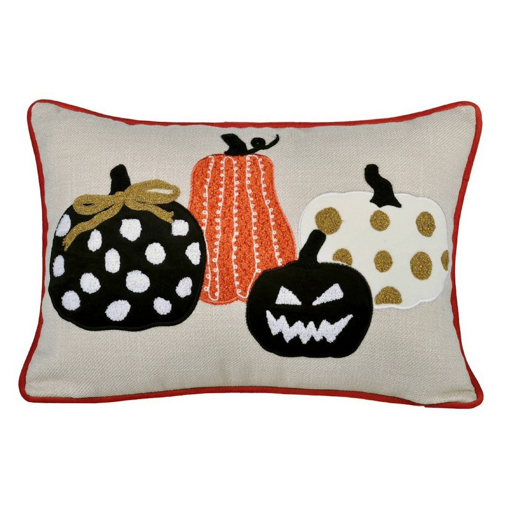 Lumbar Throw Pillow Cover | Hallow Pumpkin Embroidered | Black Linen 14x20