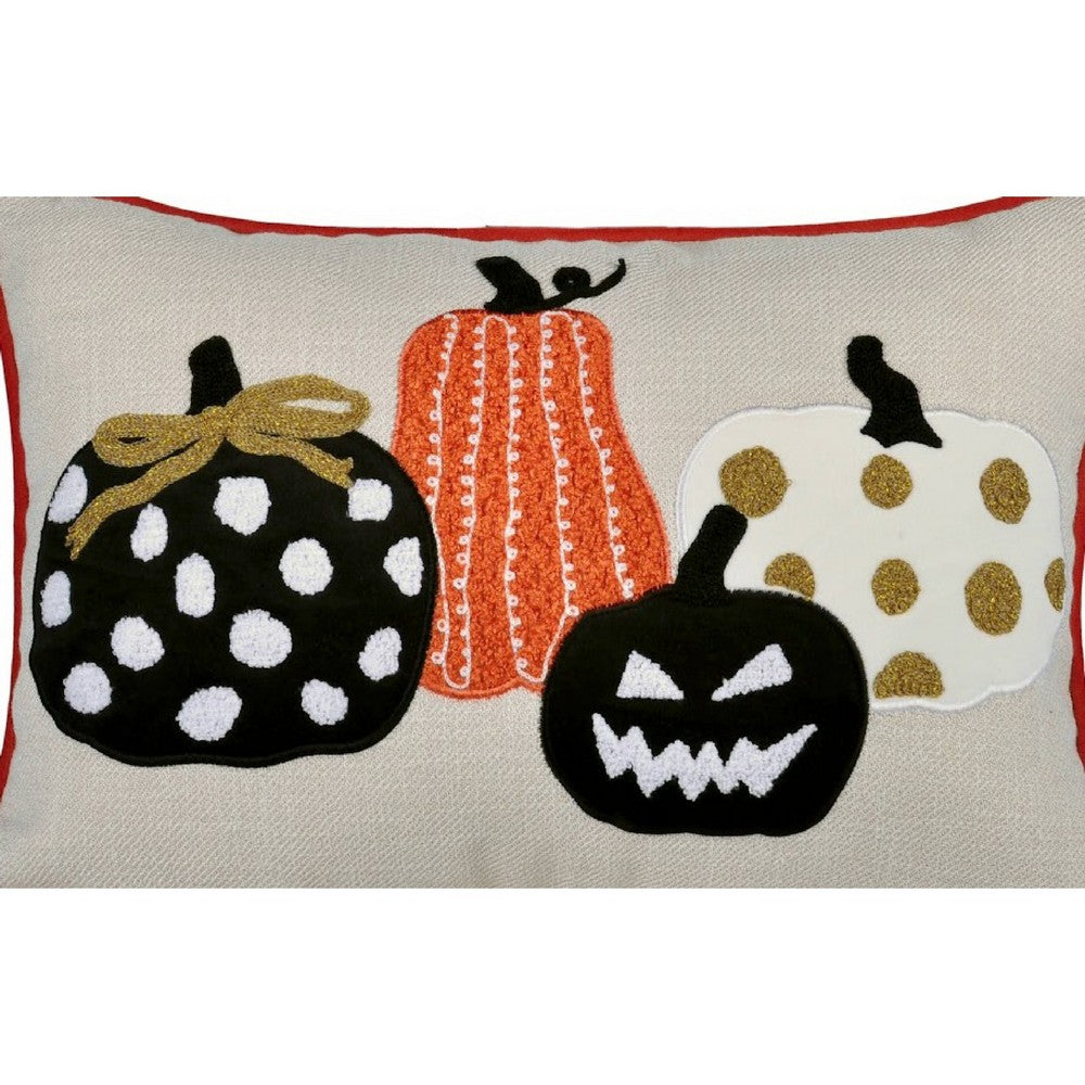Lumbar Throw Pillow Cover | Hallow Pumpkin Embroidered | Black Linen 14x20