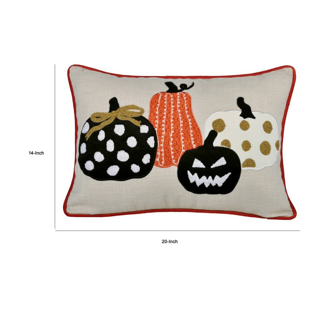 Lumbar Throw Pillow Cover | Hallow Pumpkin Embroidered | Black Linen 14x20