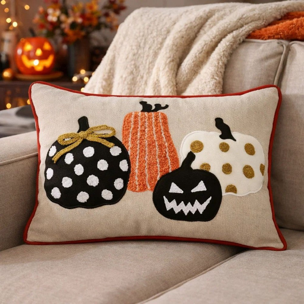 Lumbar Throw Pillow Cover | Hallow Pumpkin Embroidered | Black Linen 14x20