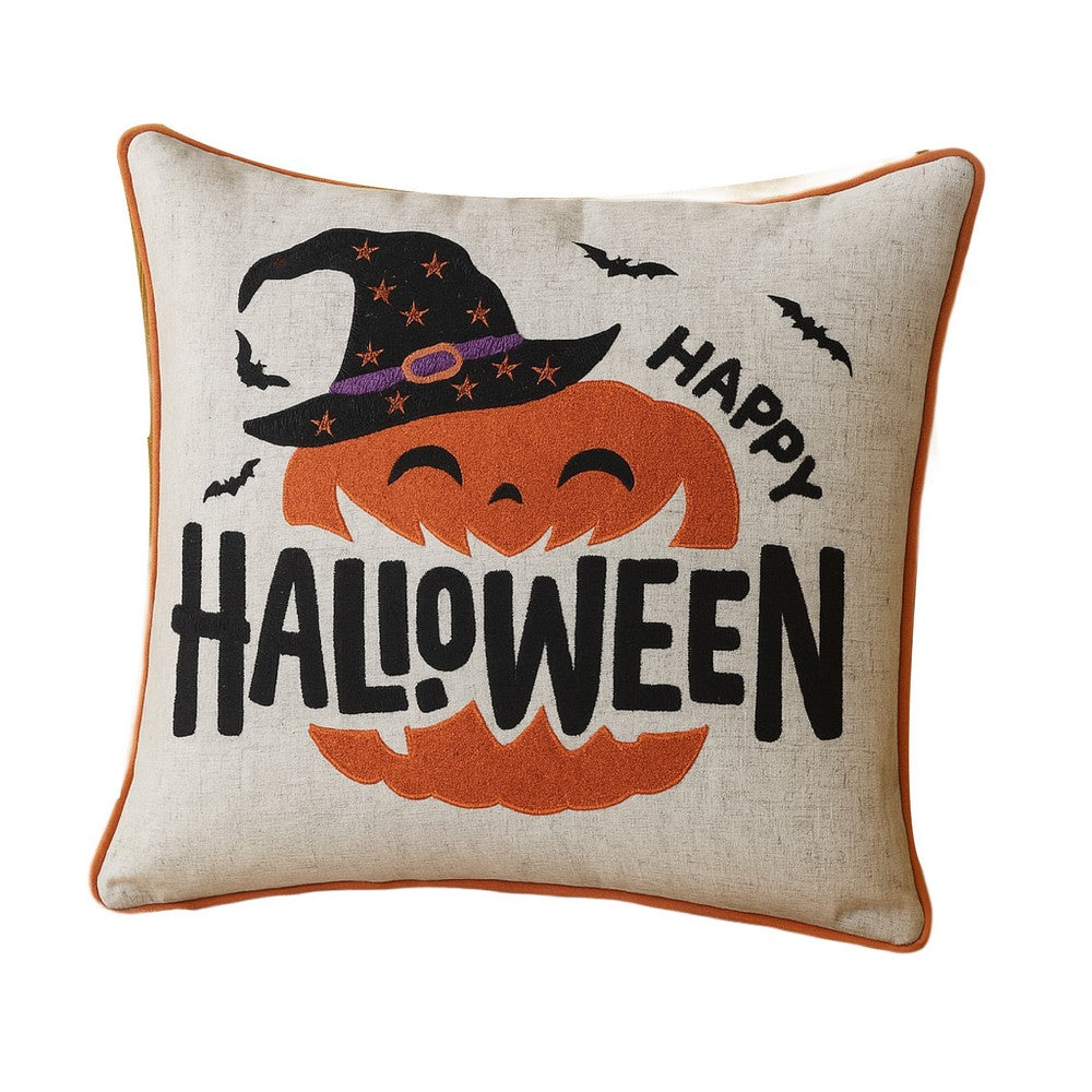 Halloween Pumpkin Witch Embroidered Throw Pillow Cover | Gray 20" Square