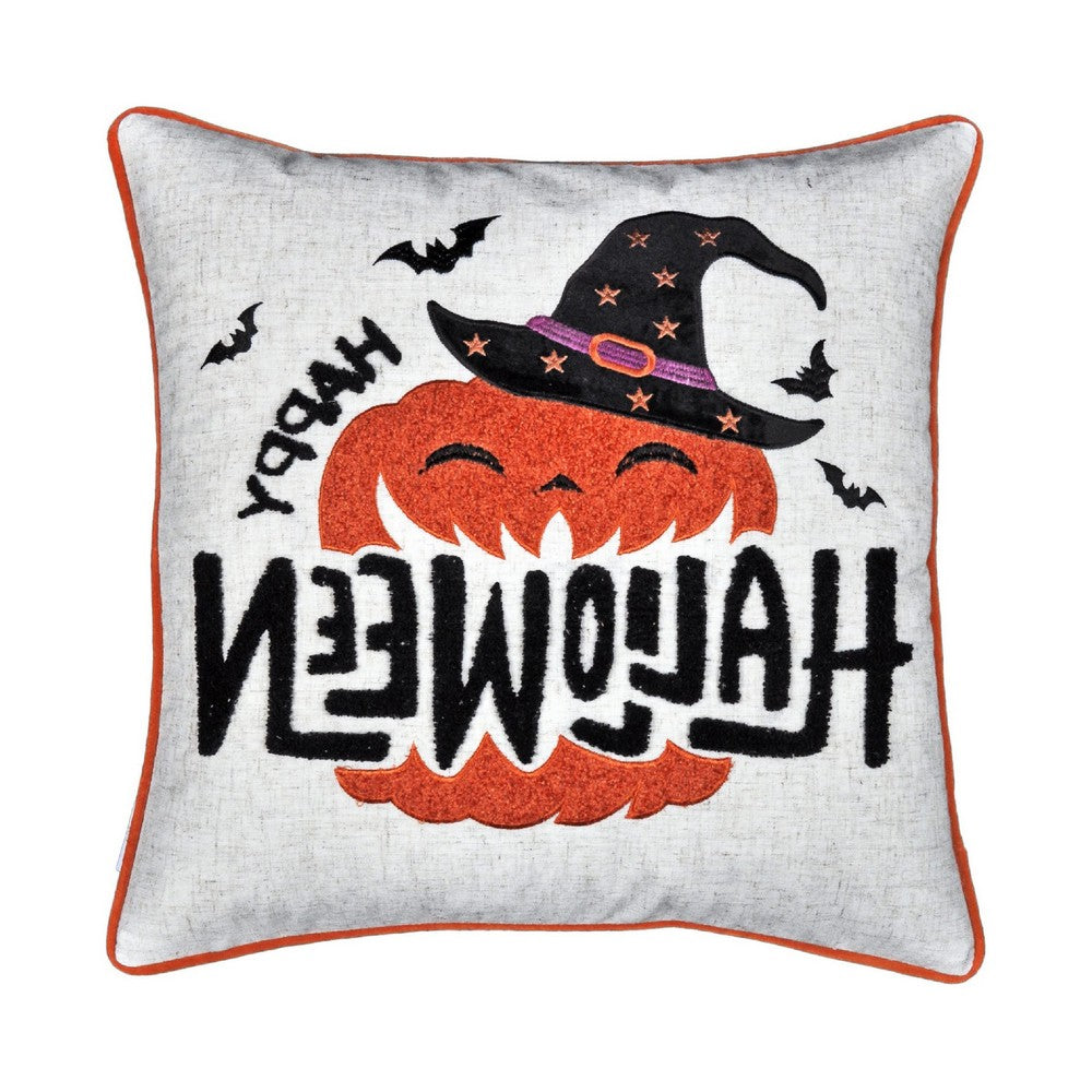 Halloween Pumpkin Witch Embroidered Throw Pillow Cover | Gray 20" Square
