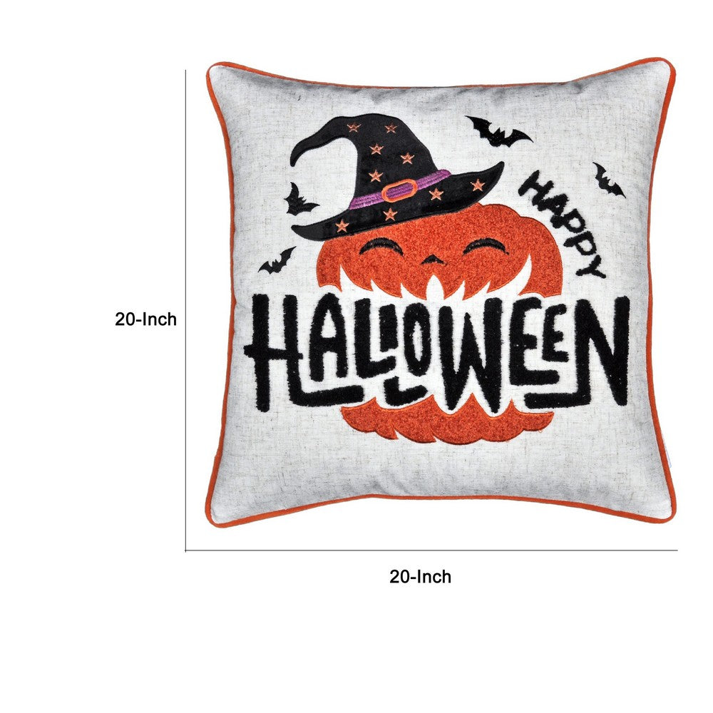 Halloween Pumpkin Witch Embroidered Throw Pillow Cover | Gray 20" Square