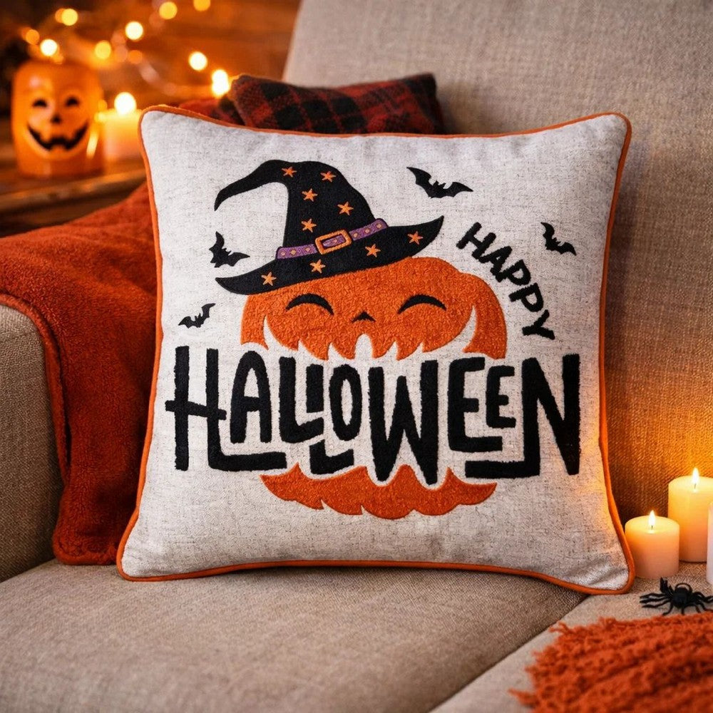Halloween Pumpkin Witch Embroidered Throw Pillow Cover | Gray 20" Square