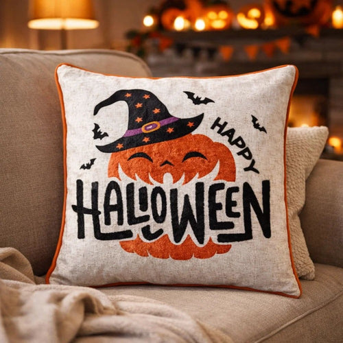 Halloween Pumpkin Witch Embroidered Throw Pillow Cover | Gray 20" Square