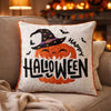 Halloween Pumpkin Witch Embroidered Throw Pillow Cover | Gray 20" Square