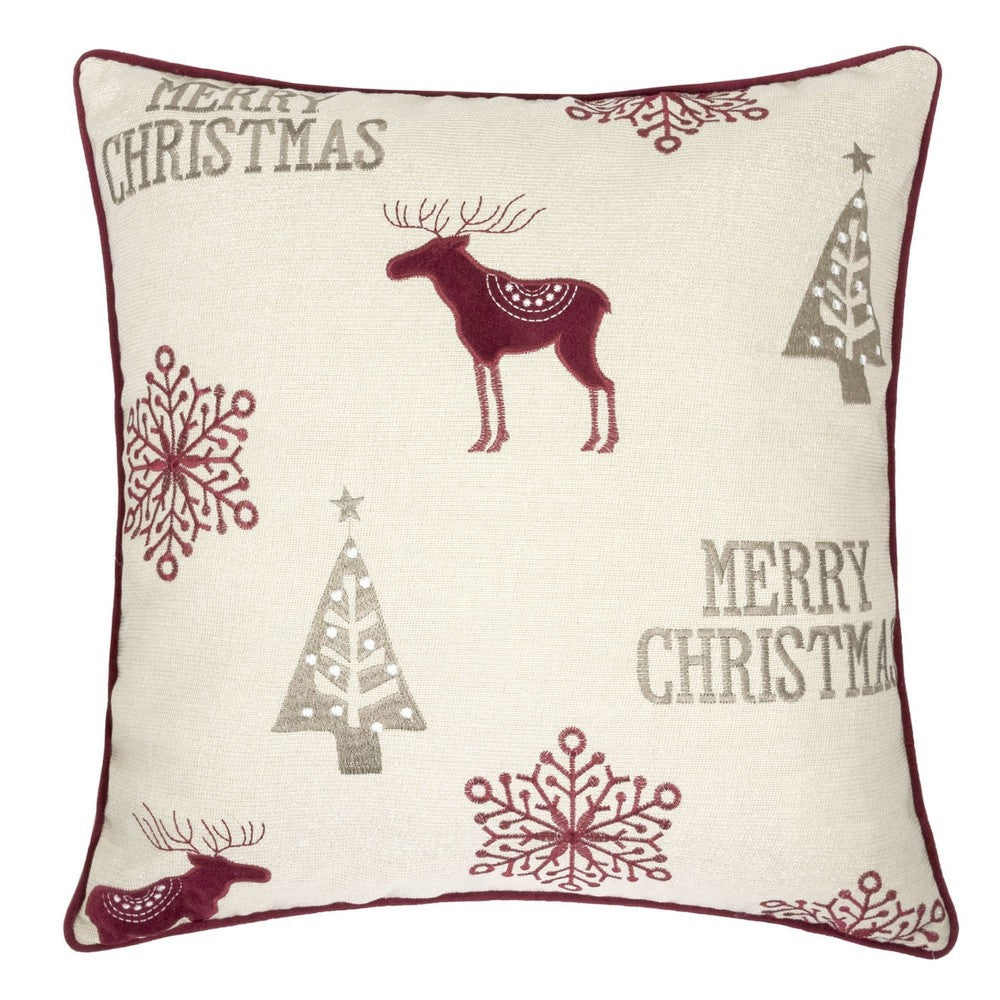 Merry Christmas Throw Pillow Cover Red Reindeer | Off White Linen 20" Square