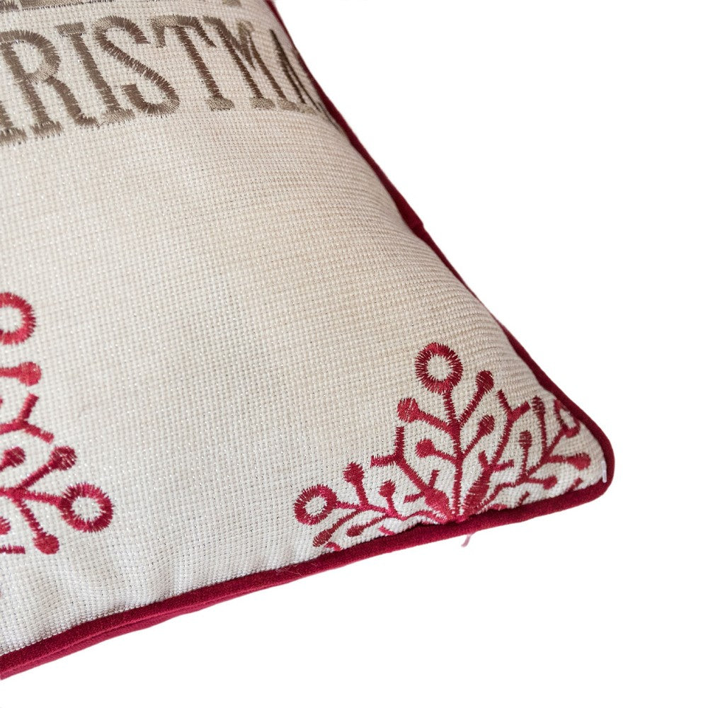 Merry Christmas Throw Pillow Cover Red Reindeer | Off White Linen 20" Square
