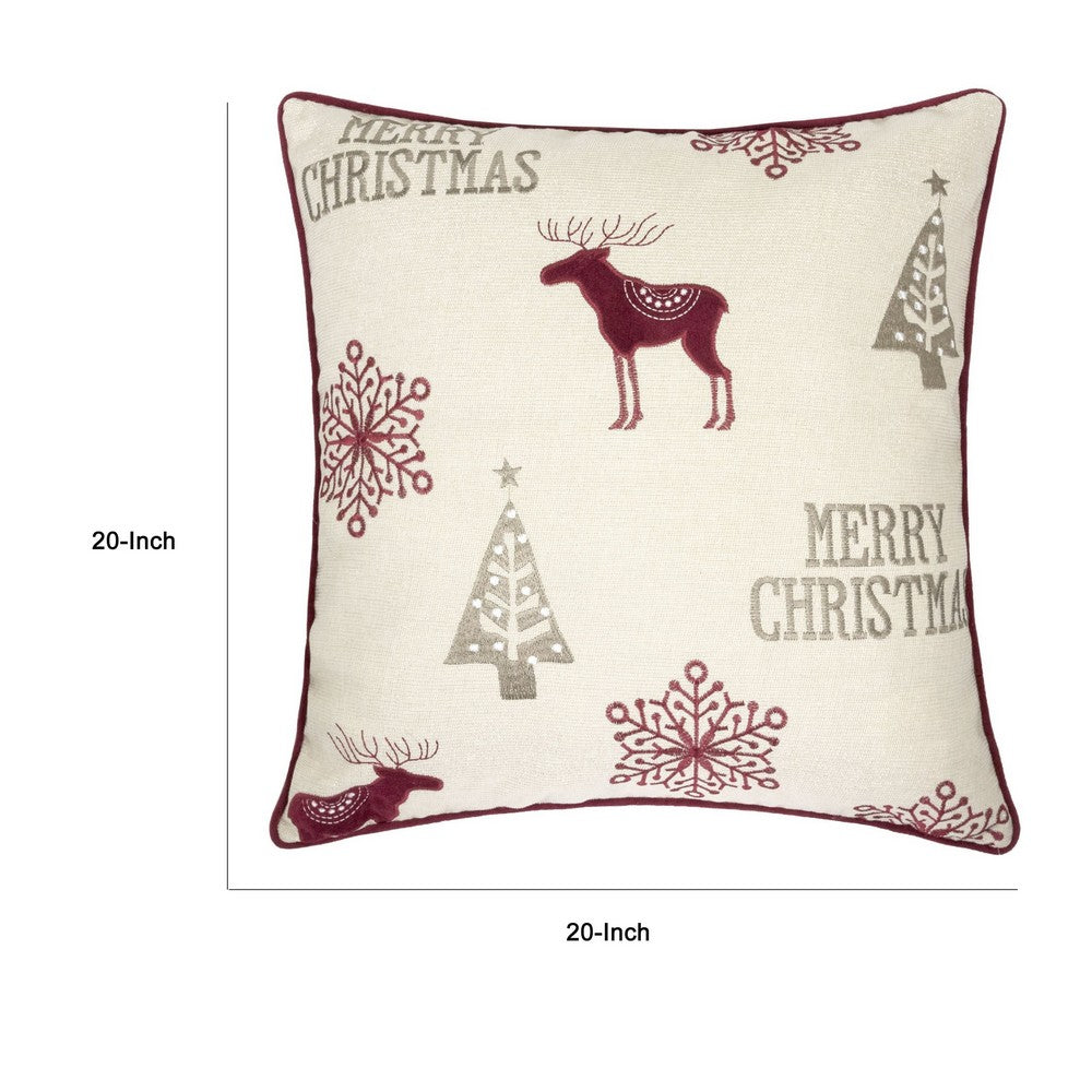 Merry Christmas Throw Pillow Cover Red Reindeer | Off White Linen 20" Square