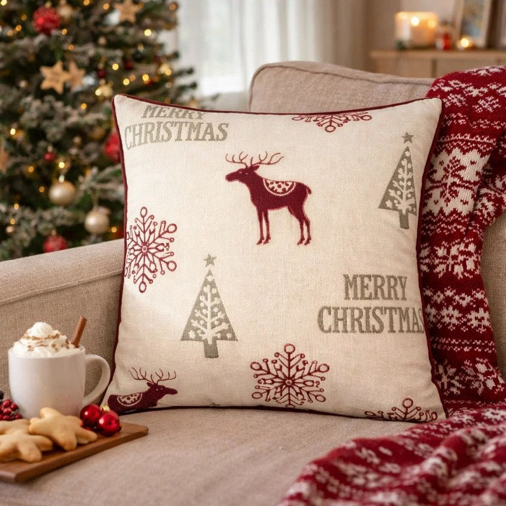 Merry Christmas Throw Pillow Cover Red Reindeer | Off White Linen 20" Square