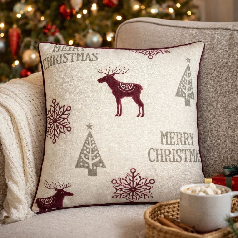 Merry Christmas Throw Pillow Cover Red Reindeer | Off White Linen 20" Square
