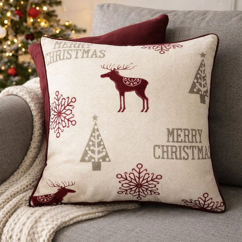 Merry Christmas Throw Pillow Cover Red Reindeer | Off White Linen 20" Square