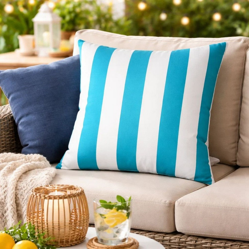 Keo Outdoor Throw Pillow | Wide Aqua Blue & White Stripes | 20" Square