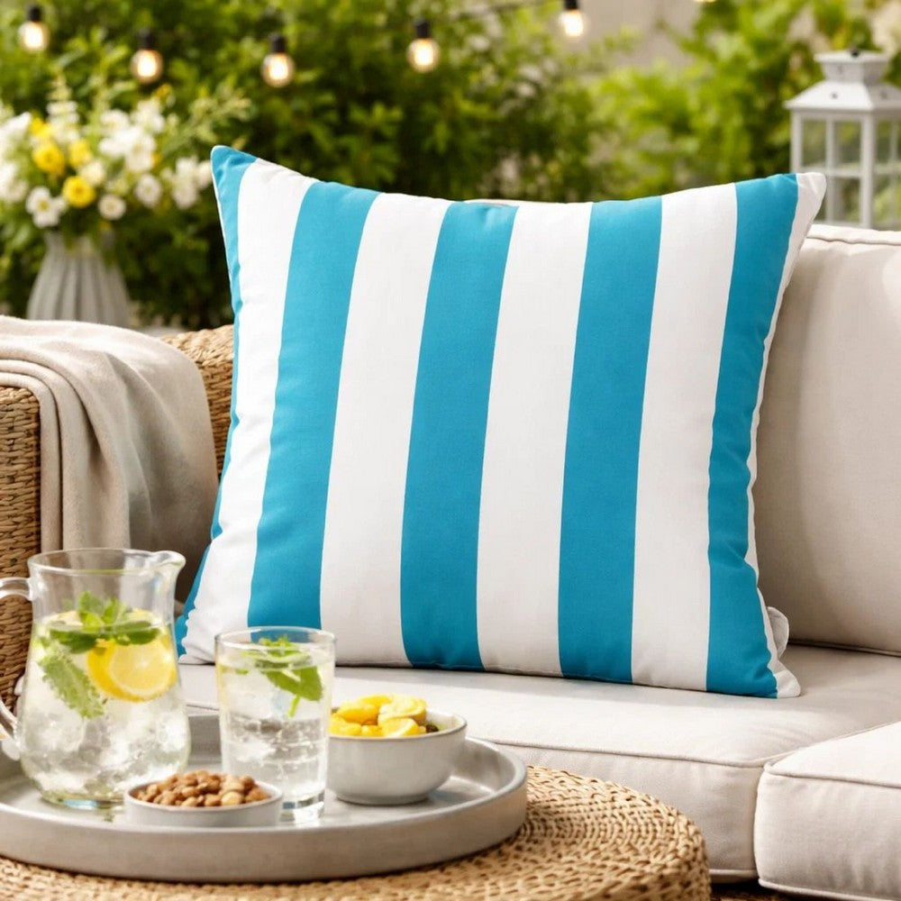 Keo Outdoor Throw Pillow | Wide Aqua Blue & White Stripes | 20" Square