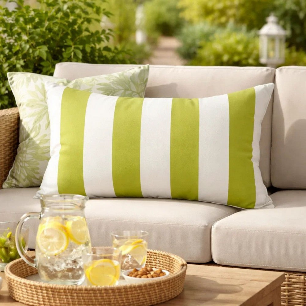 Keo Outdoor Lumbar Pillow | Wide Lime Green & White Stripes | 14x20