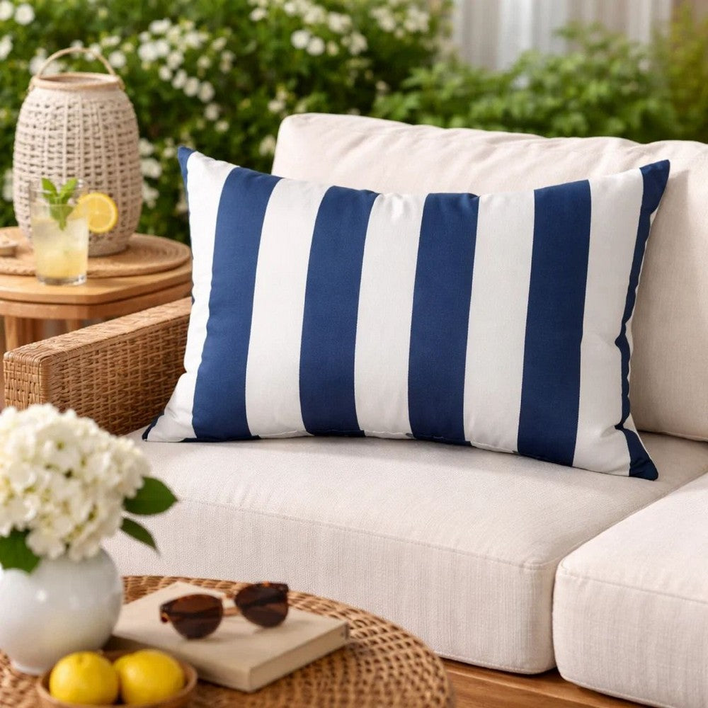 Keo Outdoor Lumbar Pillow | Navy Blue & White Horizontal Stripes | 14x20