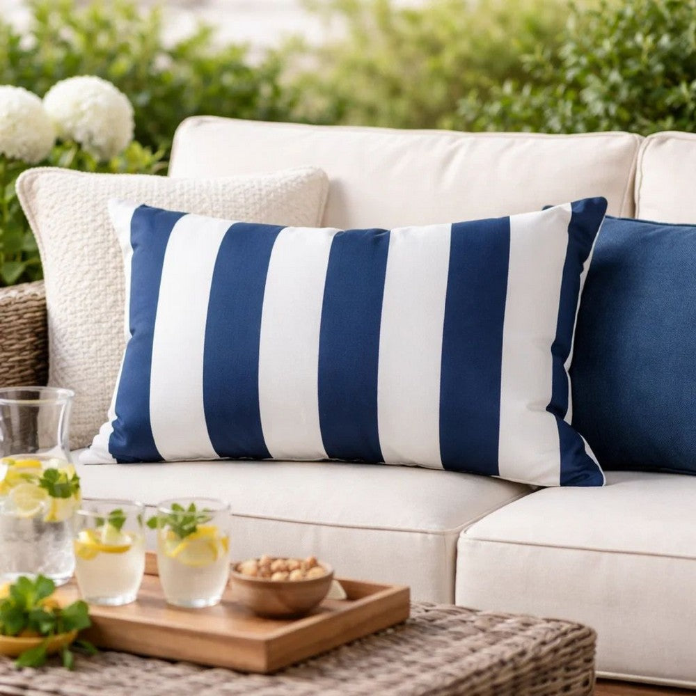 Keo Outdoor Lumbar Pillow | Navy Blue & White Horizontal Stripes | 14x20