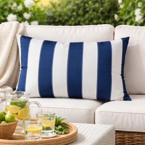 Keo Outdoor Lumbar Pillow | Navy Blue & White Horizontal Stripes | 14x20