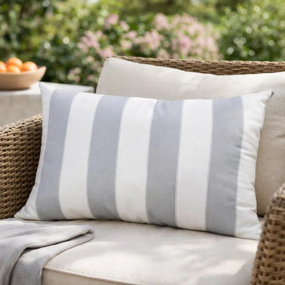 Keo Outdoor Lumbar Pillow | Wide Silver & White Horizontal Stripes | 14x20
