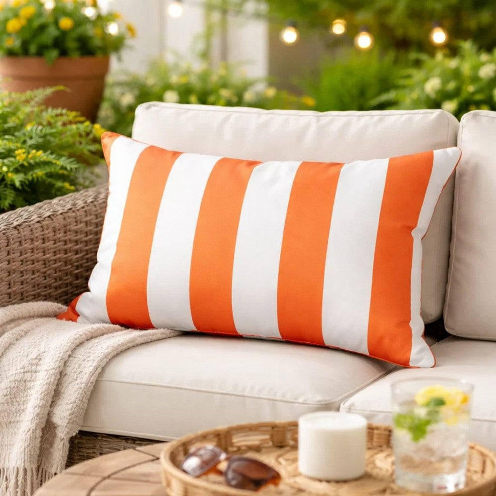 Keo Outdoor Lumbar Pillow | Wide Orange & White Horizontal Stripes | 14x20