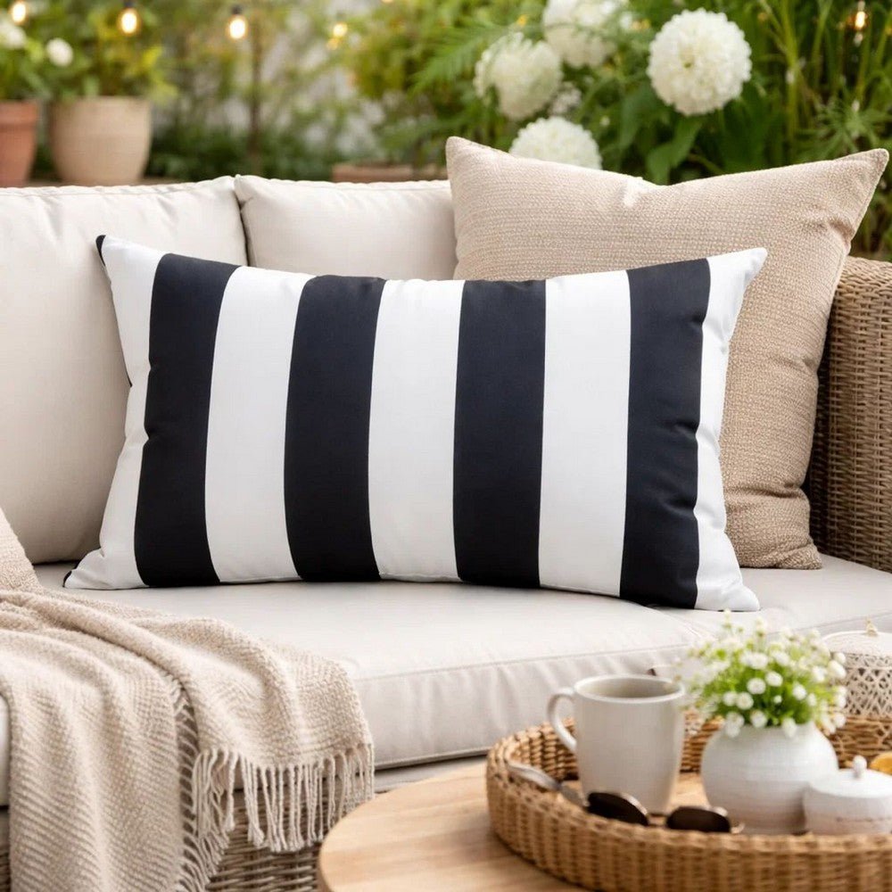 Keo Outdoor Lumbar Pillow | Wide Black & White Horizontal Stripes | 14x20