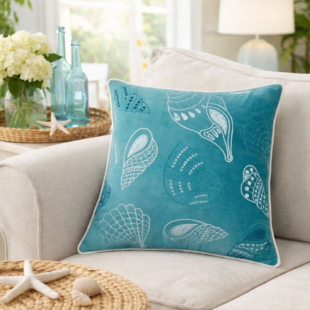 Meo Throw Pillow | Embroidered Seashell Pattern Blue Velvet | 20" Square