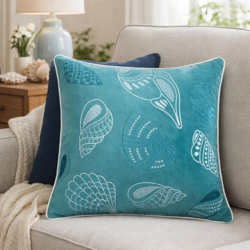 Meo Throw Pillow | Embroidered Seashell Pattern Blue Velvet | 20" Square