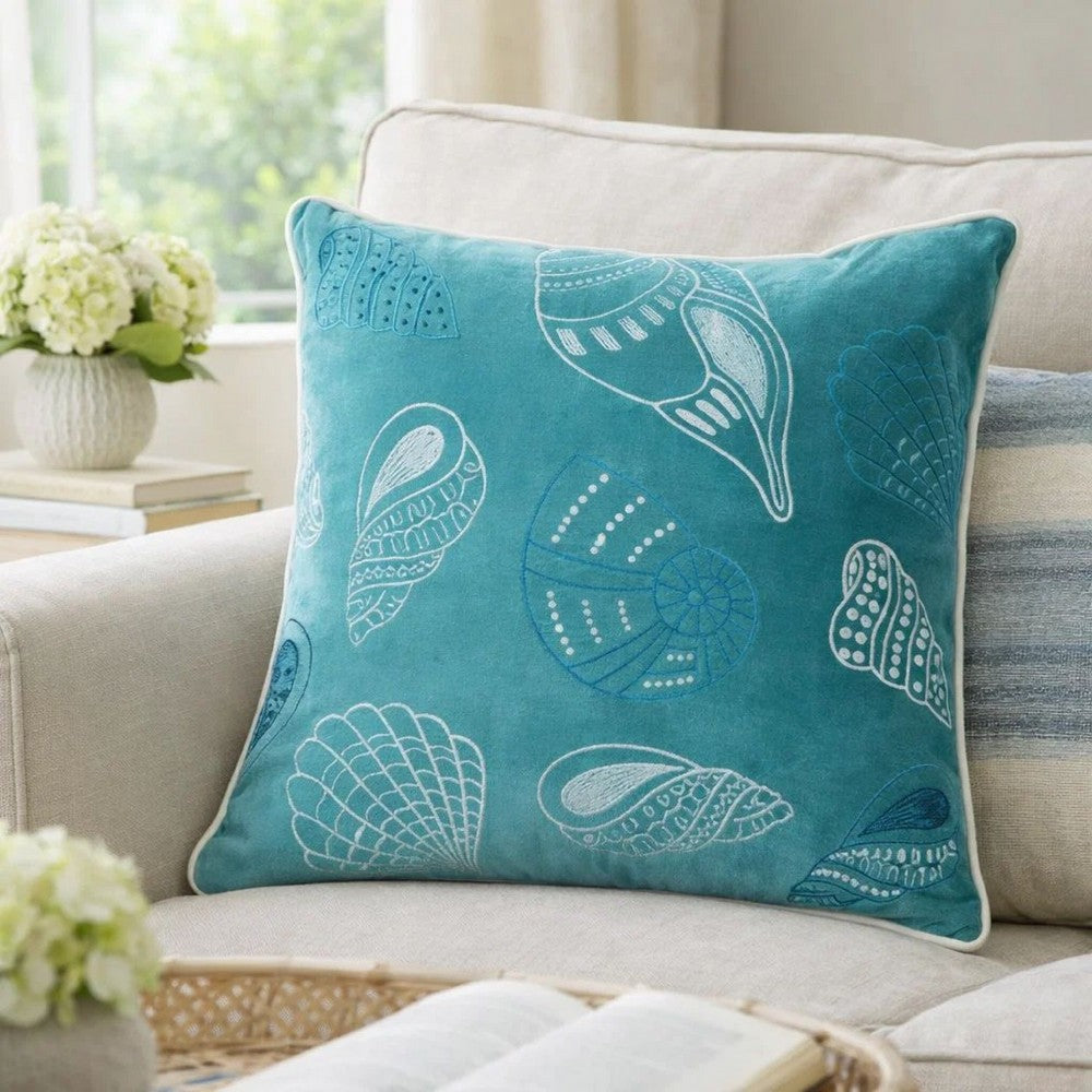 Meo Throw Pillow | Embroidered Seashell Pattern Blue Velvet | 20" Square