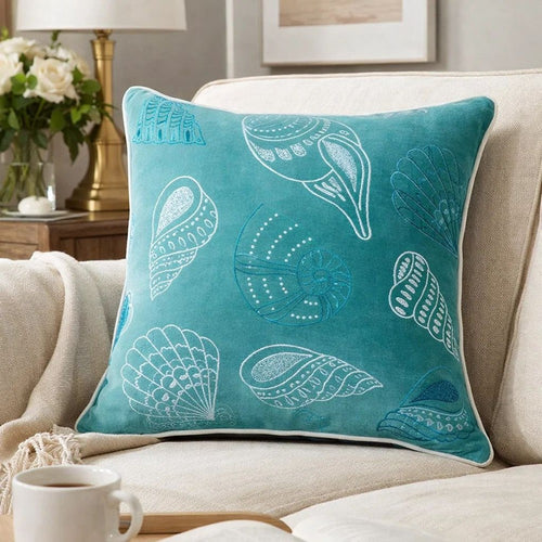 Meo Throw Pillow | Embroidered Seashell Pattern Blue Velvet | 20" Square
