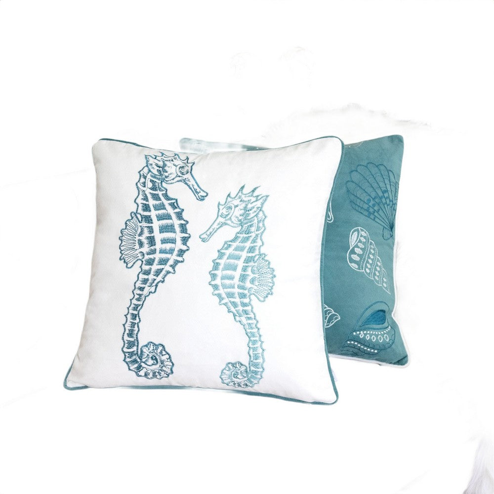 Meo Throw Pillow | Embroidered Seahorse | White Blue Velvet | 20" Square