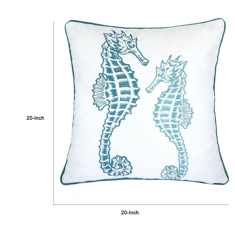 Meo Throw Pillow | Embroidered Seahorse | White Blue Velvet | 20" Square