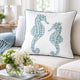 Meo Throw Pillow | Embroidered Seahorse | White Blue Velvet | 20" Square