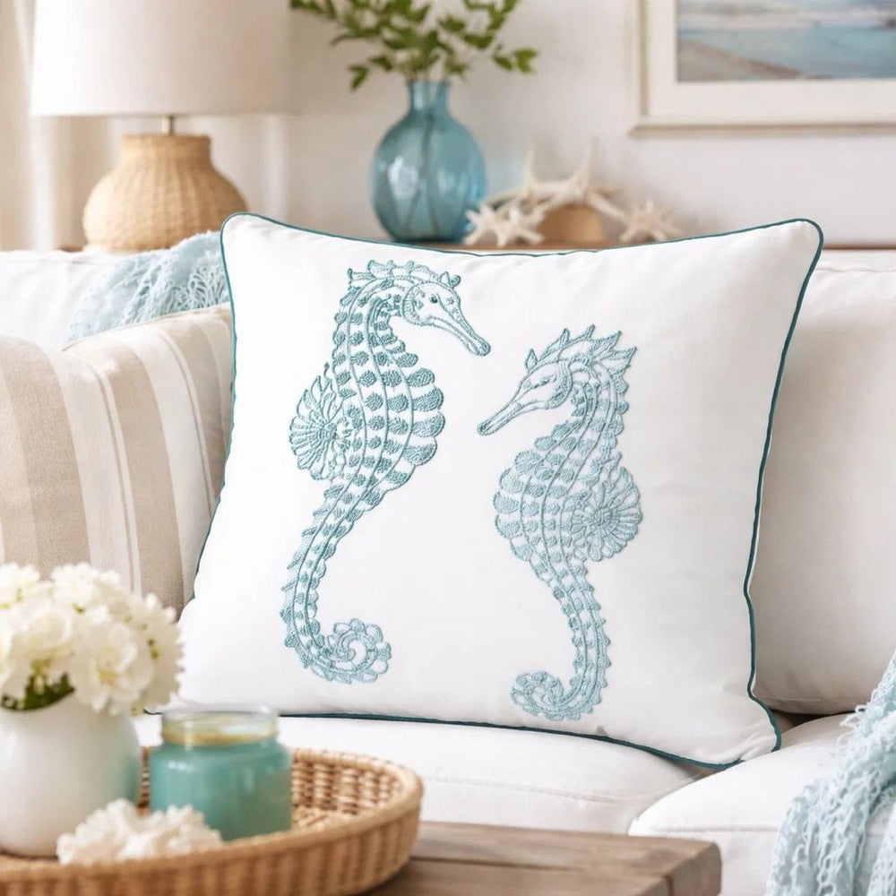 Meo Throw Pillow | Embroidered Seahorse | White Blue Velvet | 20" Square