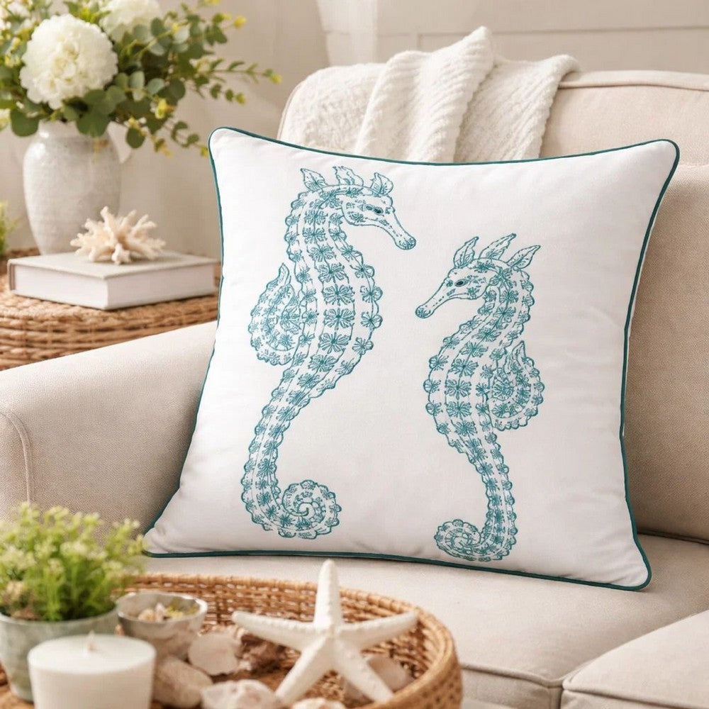 Meo Throw Pillow | Embroidered Seahorse | White Blue Velvet | 20" Square