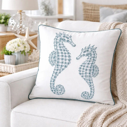 Meo Throw Pillow | Embroidered Seahorse | White Blue Velvet | 20" Square
