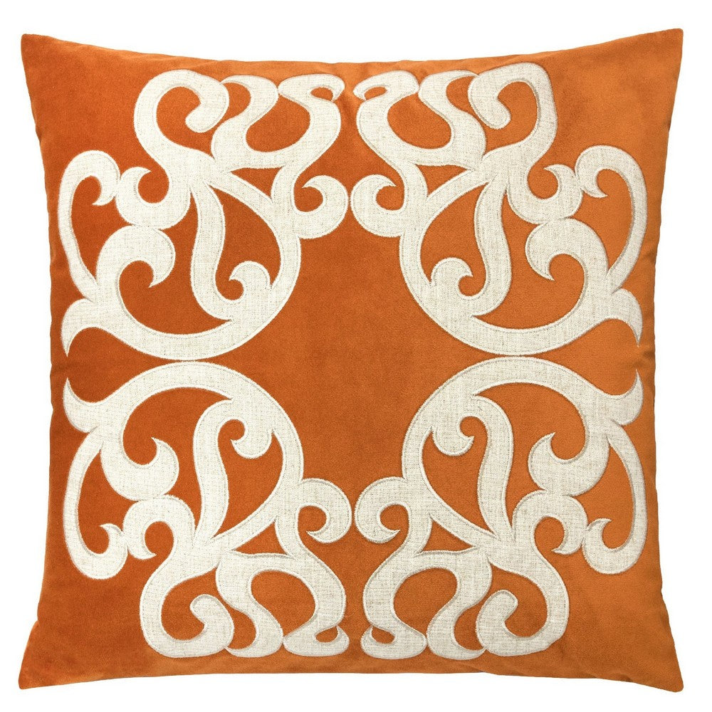 Dery Throw Pillow | Vintage Vine Accented Orange Velvet | 20" Square