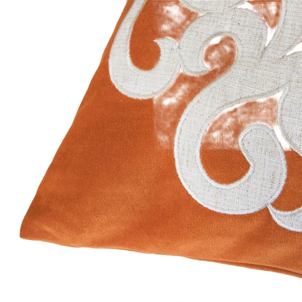 Dery Throw Pillow | Vintage Vine Accented Orange Velvet | 20" Square