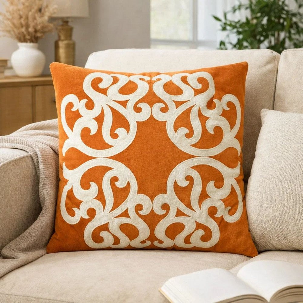 Dery Throw Pillow | Vintage Vine Accented Orange Velvet | 20" Square