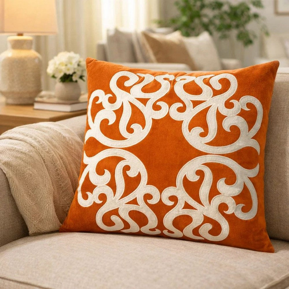 Dery Throw Pillow | Vintage Vine Accented Orange Velvet | 20" Square