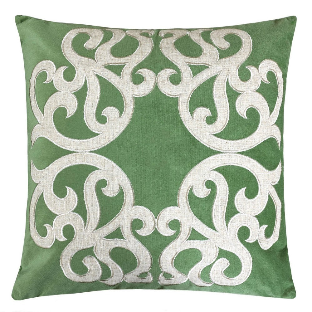 Dery Throw Pillow | Vintage Vine Accented Green Velvet | 20" Square