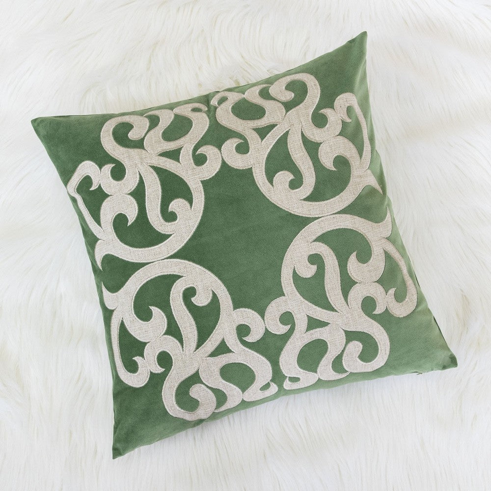 Dery Throw Pillow | Vintage Vine Accented Green Velvet | 20" Square