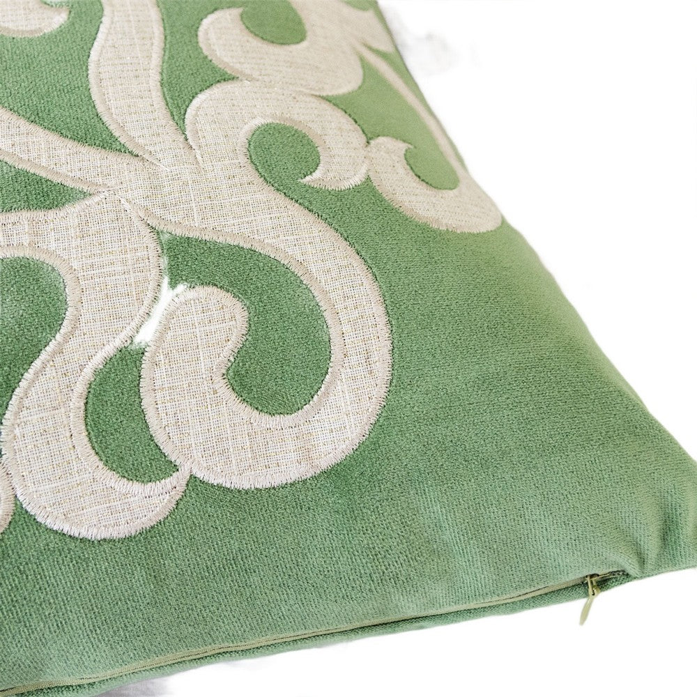 Dery Throw Pillow | Vintage Vine Accented Green Velvet | 20" Square